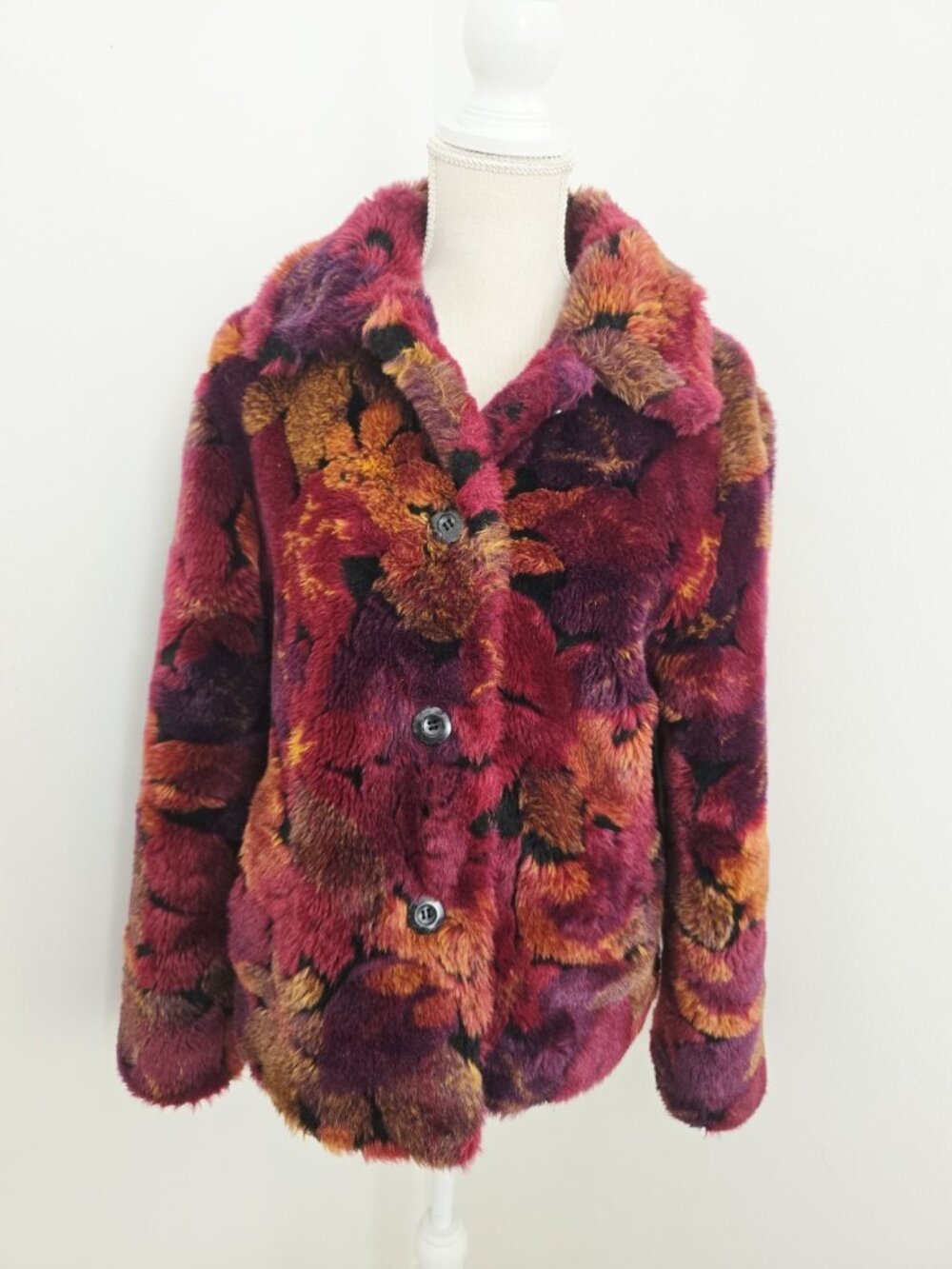 Fabulous Furs Faux Fur Floral Burgundy Purple Sunset Jacket S Retro Boho Y2K 90s